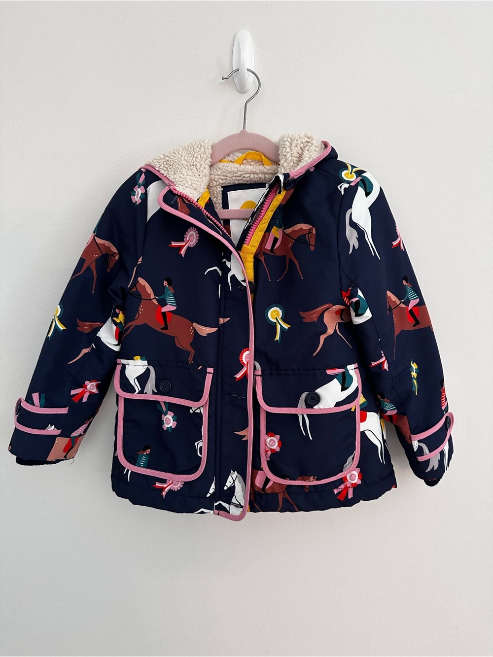 Mini Boden Navy Horse Equestrian Horse Show Print Jacket with Pink Trim size 4-5